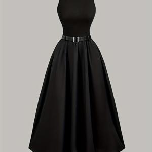 TEMU 니안니언 여성용 민소매 A라인 드레스 벨트 포함 - 단색 블랙 라운드넥 우아한 봄 여름 가을용, 할로윈 콘서트 파티 복장, 세탁기 사용 가능, 다크 아카데믹 스타일, 부드러운 원단