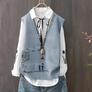 TEMU TJ22699 여성용 브이넥 조끼, 예술적인 캐주얼 루즈핏 민소매 가디건 베이스 레이어 탑