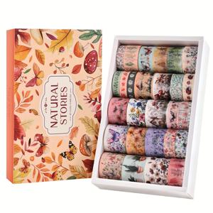 TEMU 27 롤 빈티지 와시 테이프 세트 - 꽃, 나비, 숲 및 버섯 디자인 | 스크랩북, 버블 주얼링용 쓰기 가능한 장식 테이프 | 롤당 9.84ft 길이, 주얼링 용품 | 생동감 있는 테이프 디자인 | 내구성이 뛰어난 장식 테이프, 스크랩북 용품