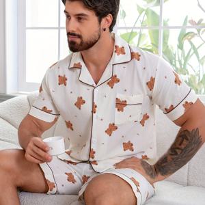 TEMU 남성용 만화 곰돌이 전체 프린트 반팔 반바지 가디건 잠옷 세트