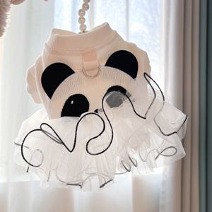 TEMU 검은색 상단이 있는 흰색 강아지 웨딩 드레스. 공주 스타일의 튤 스커트가 특징이며, 요크셔 테리어, 말테즈, 비숑, 포메라니안에 적합합니다. 중국 스타일의 귀여운 판다 디자인.