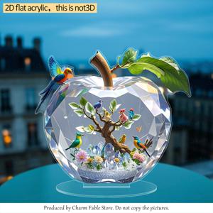 TEMU 이드, 이드, 부활절, 크리스마스, 어머니날을 위한 컬러풀한 새와 꽃가지가 있는 클리어 데스크탑 장식 아크릴 사과 선물 상자 - 조립 불필요 홈 & 오피스 데코, 사과 장식품, 축제 오너먼트, 예술적인 테이블톱 피스, 생동감 넘치는 디테일의 2D 플랫