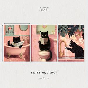 TEMU 1 세트 3pcs 아트 데코 레트로 농가 블랙 고양이 욕실 독서 프린트, 귀여운 동물 화장실 벽 장식, 핑크 식물 캔버스 포스터, 현대 벽 미술, 프레임리스, 침실, 거실, 욕실, 바, 기숙사, 복도, 집 및 방 장식