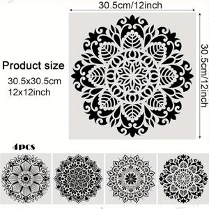 TEMU 대형 만다라 공예 스텐실 키트 4개 세트, 재사용 가능한 DIY 드로잉 페인팅 템플릿, 목재 벽 예술 디자인용 꽃 도트 모양 스텐실, 타일 베개 바닥 장식에 사용