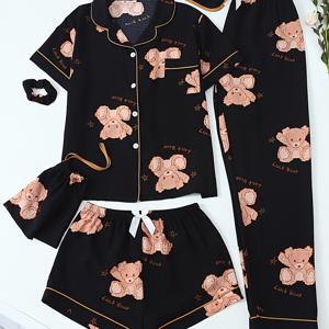 TEMU 곰돌이 프린트 아동용 반팔 반바지 바지 아동용 잠옷 6피스 세트, 십대용, 십대용