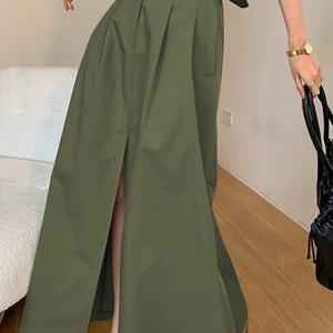 TEMU 우아한 스페셜 컬렉션 여성용 A라인 미디 스커트 - 앞쪽 슬릿 & 사이드 포켓, 벨트 필요 없음, 기계 세탁 가능, 캐주얼에서 우아함까지 솔리드 컬러 올시즌 레귤러 핏, 정장 착용 가능 | 세련된 디테일