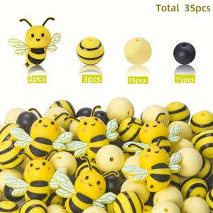 TEMU 35개 벌 모양 실리콘 비즈, 12/15mm 검정색 원형 비즈 (팔찌, 키체인, 공예 실리콘 펜 제작 키트용)