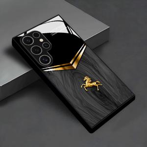 TEMU 폰 케이스: 갤럭시 S25/S25+/S25 Ultra/S24/S24 FE/S24+/S24 Ultra/S23+/S23 Ultra/S22+/S22 Ultra/S20+/S20 FE/S20 Ultra/A13/A14/A16/A32/A33/A34/A53/A54/A72/A73 5G용 블랙 텍스처 유리 폰 케이스 - 골든 호스 디자인, & 다용도