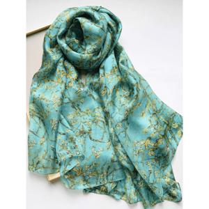 TEMU 100% 실크, 블루 반고프 알몬드 블라썸 오일 페인팅 실크 스카프, 가볍고 통기성이 좋으며 부드럽게 느껴지는, 예술적이고 고급스러운 완벽한 선물