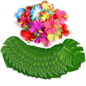 TEMU 하와이안 루아우, 사파리, 정글 테마 파티 용품을 위한 30개의 화려한 열대 장식 - 인공 야자수 잎과 히비스커스 꽃 다양한 색상 | 내구성 있는 장식, 하와이안 파티 액세서리 | 컬러풀 플로럴 악센트