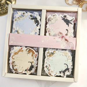 TEMU 고양이 테마 엠보싱 포일 스티커 노트 4개 세트 - 빈티지 꽃무늬 및 풍경 디자인, 골드 액센트, 파스텔 컬러, 다양한 모양(직사각형, 타원형, 원형), 사무용, 일기장용, 고양이 애호가를 위한 선물, 우아한 베벨 가장자리, 고양이 액세서리