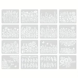 TEMU 16개 재사용 가능한 꽃과 야생 식물 스텐실 세트. 종이, 천, 캔버스, 나무, 가구, 타일, 벽, 섬유, 유리 창문 및 바닥 프로젝트에 적합하며, 속이 빈 페인팅 템플릿이 특징입니다.