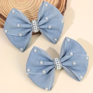 TEMU 2개 리본 헤어 클립, 인조 진주 솔리드 컬러 데님 원단 바레트, 데일리 스타일링 또는 특별한 날을 위한 우아한 헤어 장식
