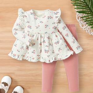 TEMU 봄가을 패션 귀여운 플로럴 라운드넥 긴팔 + 핑크 팬츠 투피스 세트, 아기 여아용 아웃도어 의류