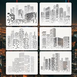 TEMU 여섯 개의 도시 실루엣 템플릿, 재사용 가능한 A4 사이즈 페인팅 템플릿, 공예 템플릿, 도시 고층 건물 템플릿, 예술 창작, 스크랩북, 패브릭, 캔버스, 벽, 집 및 가구 장식용으로 디자인됨