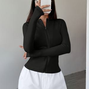 TEMU 여성용 우아한 긴팔 집업 카디건, 블랙 컬러, Y2K 스타일, 크루넥, 솔리드 컬러, 세련된 지퍼 디테일, 가을/겨울 패션, 지퍼 후디