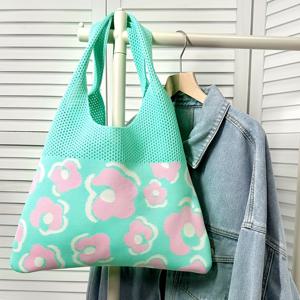 TEMU 패셔너블 여성 니트 숄더백, 여행용 비치백, 레트로 레터 컷 니트 토트백, 코바늘 뜨개질 실 원단 쇼핑백 (미닫이), 여름 휴가 및 여행에 적합