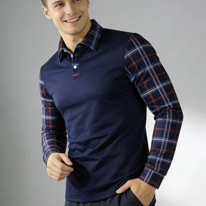 TEMU 남성 캐주얼 컬러 블록 긴팔 폴로 셔츠, 플러스 사이즈 라펠 풀오버, 체크 패턴 티셔츠