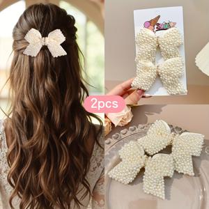 TEMU 인조 진주 리본이 특징인 세련된 헤어 클립 2개 세트. 이 베이지색 글리터 헤어 액세서리는 휴가 및 결혼식에 완벽한 선물입니다.
