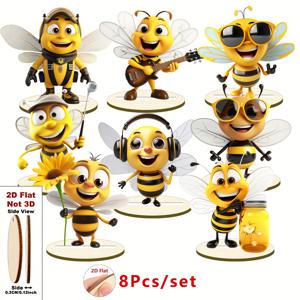 TEMU 2D 평면 - 벌 테마 나무 장식 8개 세트, 테이블 상판 디스플레이, 파티 장식, 생일 선물, 가정 또는 사무실 장식에 적합