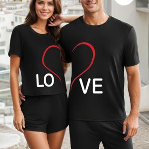 TEMU 하트 레터 프린트 커플 매칭 세트, 라운드넥 반팔 상의와 반바지 (남녀 공용), 상의 1벌 및 하의 1벌 포함