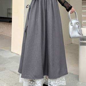 TEMU 여성용 우아한 하이웨이스트 롱 플레어 스커트, 앞면 리본 장식 - 레이스 트림 우산 스타일 봄/여름/가을용, 세탁기 사용 가능 솔리드 컬러 레귤러 핏, 고급스러운 , 매끈한 원단, 파티 및 캐주얼 착용, 비신축 소재