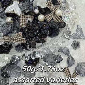 TEMU 50g 바로크 스타일 매트 블랙 나비 화이트 로즈 비즈, DIY 공예 액세서리, 폰 케이스, 사진 프레임, 헤어 클립, 헤드피스 DIY 장식용 혼합 스타일