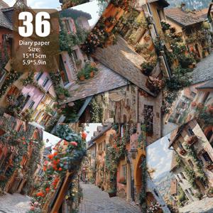 TEMU 36가지 독특한 유럽풍 옛 거리 꽃 창문 덩굴 건물 스크랩북 용지, 장식 용지, 배경, 카드 매트, 메모리 앨범, 정크 저널, 빈티지 다이어리, 선물 포장, 수제 배경 장식에 적합한 재료 용지