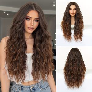 TEMU 28인치 브라운 옴브레 컬리 웨이브 합성 가발 - 여성용 데일리/파티/코스프레, 열에 강한 섬유, 조절 가능한 캡, 염색 가능