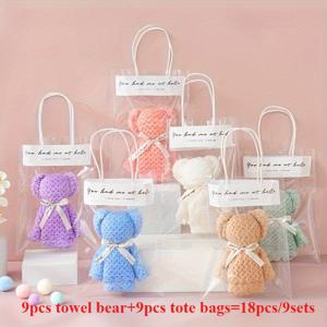 TEMU 18팩/9세트 곰 타월 선물 세트, 완벽한 기념품, 투명 가방 포함 부드러운 얼굴 타월 (배터리 미포함), 크리스마스, 결혼식, 생일, 파티 선물에 완벽