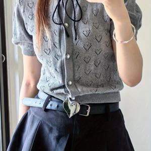 TEMU 여성용 귀여운 레트로 하트 디자인 카디건 스웨터, 앞 리본 장식 - 반팔 슬림핏 봄 여름 가을 일본 스타일 한국 패션 캐주얼 웨어, 중간 신축성 소재, 통기성 좋은 트렌디한 의상