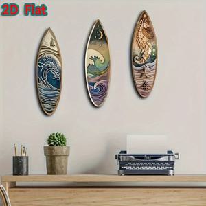 TEMU 2D 플랫, 2D 평면 아크릴 여름 서핑보드 나무 벽걸이 장식 세트 (3개) - 오션 세일보트, 해마, 나이트 웨이브 발판 벽장식