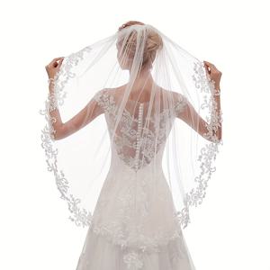 TEMU 결혼식용 섬세한 꽃 자수 가장자리가 있는 우아한 신부 베일 1개, 웨딩 브라이즈메이드 헤드피스 파티 장식용 화이트 튈 단층