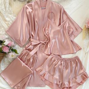 TEMU 청소년용 잠옷 가운 & 파자마 반바지/라운지 팬츠 4피스 세트 - 나이트가운, 매칭 4피스 파자마, 세탁기 사용 가능한 사계절용 잠옷 (4피스 세트), 청소년용