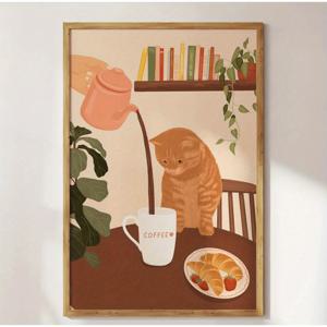 TEMU 1개 재미있는 고양이 & 커피 애호가 벽 예술 프린트 - 기발한 주방 장식, 현대 클래식 아르 데코 액자 없는 캔버스 포스터 거실/침실용, 집들이 선물 (실내/외부 사용), 유머러스 일러스트레이션, 침실 장식, 고품질 잉크, 홈 데코레이터