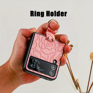 TEMU 휴대폰 케이스 - 열압착 동백꽃 패턴 PU 가죽 링 홀더 낙하 방지 충격 방지 접이식 폰 케이스, 갤럭시 Z 플립3 5G, 갤럭시 Z 플립4 5G, 갤럭시 Z 플립5 5G, 갤럭시 Z 플립6 5G 호환