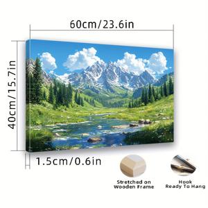 TEMU 1개 액자 캔버스 벽 장식 - 눈 덮인 산과 소나무, 강 계곡 풍경 그림 - 빈티지 나무 프레임 - 거실/침실/사무실용 가로형 포스터 - 집들이/바첼러릿 파티 선물 - 자연 테마 홈 데코, 풍경화, 침실 예술작품, 클래식 아트워크, 바로 걸기 가능