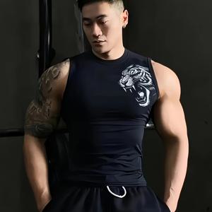 TEMU 남성용 속건성 흡습 컴프레션 탱크 탑 - 호랑이 머리 프린트 디자인으로, 이 민소매 셔츠는 피트니스, 런닝, 농구 훈련 및 캐주얼 웨어에 적합하며, 내구성이 뛰어난 타이트핏 스포츠 원단으로 제작되었습니다.