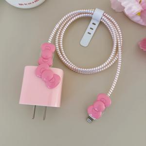 TEMU 귀여운 핑크 리본 충전기 및 케이블 보호기 세트 - 아이폰 15/14/13, 18W/20W 충전기 호환 튼튼한 TPU 파손 방지 벤드 튜브 - 사랑스러운 장식 액세서리