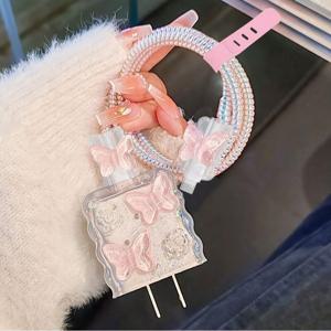 TEMU 아이폰 18-20W 충전기 보호 케이스 커버 파손 방지용 에폭시 나비 장미 애플 데이터 케이블 보호기 5개입