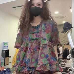 TEMU 2025 여름 신상 중국 스타일 여성 라운드넥 레트로 버클 나이 감추기 패션 플로럴 반팔