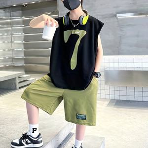 TEMU 2025 신상 남아용 민소매 베스트 티셔츠 - 기하학 패턴 루즈핏 여름 상의, 통기성 좋은 스트레치 원단, 세탁기 사용 가능 캐주얼 & 파티웨어, 편안한 아동복, 쉬운 관리 소재