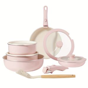 TEMU 12피스 세라믹 코팅 무독성 PFOA 프리, 인덕션 & 가스레인지 안전, 오븐 및 식기세척기 사용 가능, 분리형 손잡이 포함 냄비와 팬 세트 (뚜껑 및 주방용품 포함)