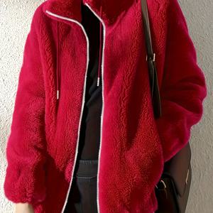 TEMU 플러스 사이즈, 플러스 사이즈 여성 겨울 코트 우아한 드로스트링 지퍼 플러시 스탠드 칼라 재킷 고품질 소프트 롱 슬리브 더블 페이스드 플러시 코트