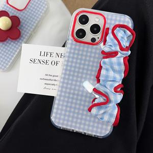 TEMU 아이폰 13 14 16 프로 맥스 케이스 | 신선한 블루 체크무늬 | 대장 머리끈처럼 휴대용 탄성 손목밴드 | 베프를 위한 선물 | 클리어 화이트 라이트 IND 아이폰 11 12 13 프로 맥스 케이스