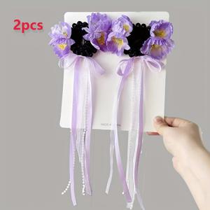 TEMU 2개입 신상 'S' 롱 리본 꽃 가발 머리끈 귀여운 컬러풀 꽃 긴 태슬 머리 묶음 머리끈 데일리 및 파티 착용 헤어 액세서리