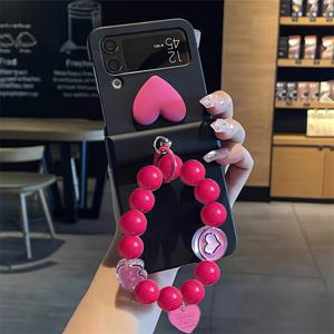 TEMU 폰케이스: Y2K 스타일리시 러브 하트 솔리드 컬러 접이식 폰케이스, 3D 카툰 토끼 꽃 비즈 체인, for Flip 7 6 5 4 3 호환, 한국식 귀여운 매트 PC 하드 백커버