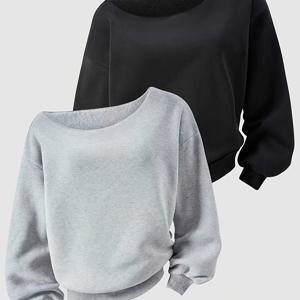 TEMU 아메리칸 스타일 풀오버 오프숄더 핫한 활용도 높은 스웨트셔츠, 가을/겨울 슬라우치 스타일 오프숄더 긴팔 상의, 그레이 + 블랙