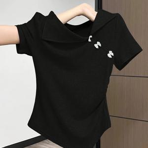 TEMU 여성용 우아한 캐주얼 아сим메트리 티셔츠, 여름용 리본 장식