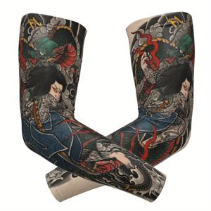 TEMU 얽힌 사무라이와 청룡 디자인의 일본식 전통 타투 소매 커버 한 쌍, 빈티지 스타일의 3D 노블티 트렌드 감성